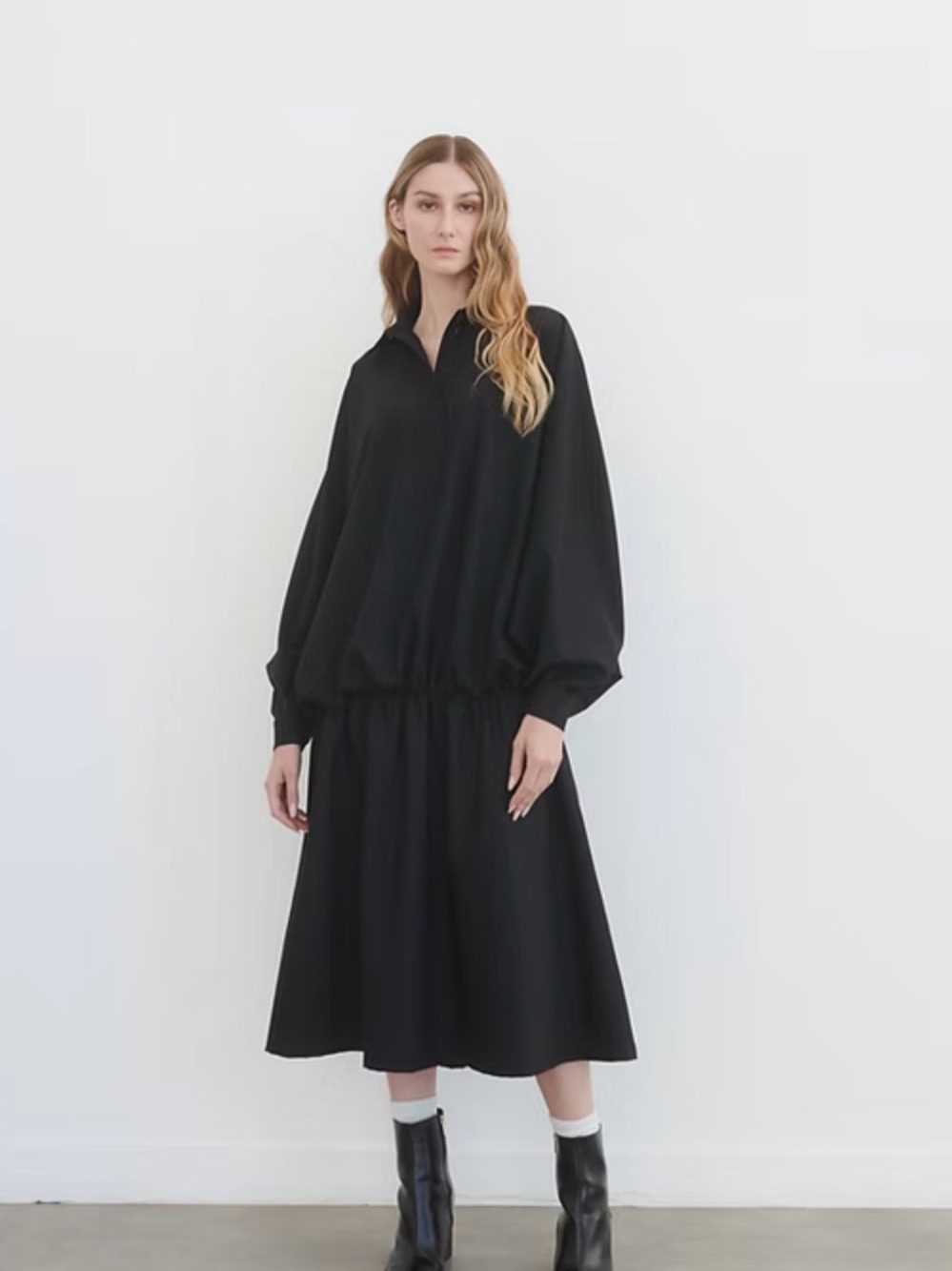 MOSSI Black Long-Sleeve Shirt Dress with Elastic Waist